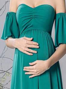 Faeriesty 優雅露肩孕婦洋裝 - 寬荷葉邊袖口，適合嬰兒派對、正式晚餐和浪漫用餐 - 綠色 - 查看 7