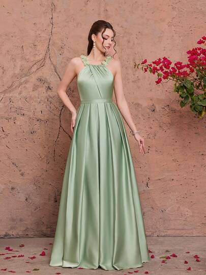 Mgiacy,New Arrival,Tank,Elegant,Bridesmaid Dress,3D Floral,Ruffle,Satin,Chiffon,FOR,Prom Wedding,Party Dress,Wedding Guest Dress,Evening Dress, Green Dress Spring