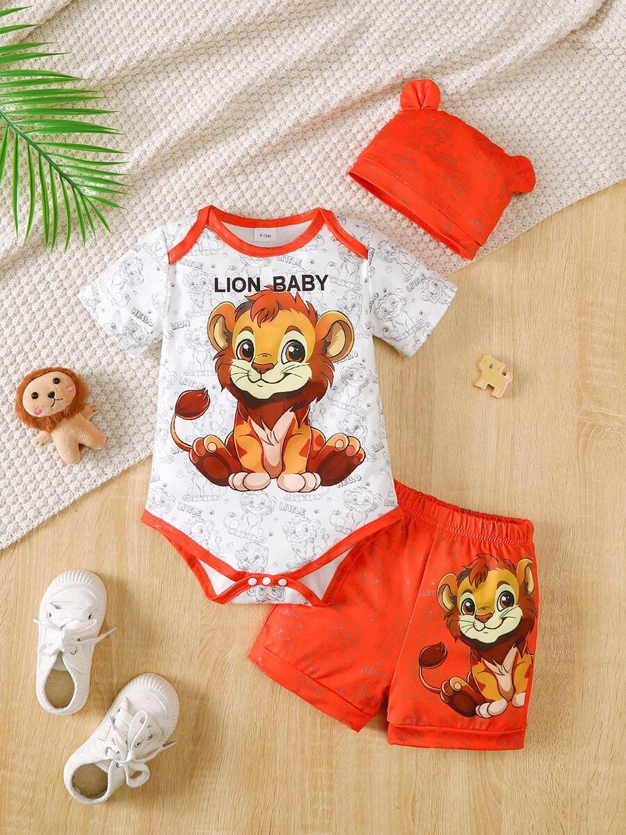 3pcs Baby/Baby BoyFashionable Outfit Set - "Brave Lion Baby" English Letter Print White Romper, Orange Shorts, Ear Hat, 2026 New Arrival - Orange - View 1