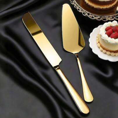 Bộ dao nĩa ăn kiểu phương Tây đa năng mạ vàng, dao cắt bánh + thìa cắt bánh, thép không gỉ, đánh bóng gương chống gỉ, dễ vệ sinh, an toàn với máy rửa chén, thích hợp cho bữa sáng, bánh ngọt, bánh quế, món tráng miệng, trà chiều, quà tặng ngày lễ và các buổi họp mặt gia đình.