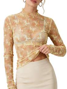 Womens Mesh Long Sleeve Tops Crew Neck Sexy See Through Tee Shirts Party Club Night Lace Blouse - Apricot - View 1