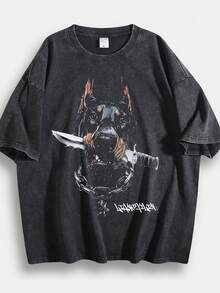 Vintage Oversized T-Shirt With Street Style Cartoon Doberman Print - 黑色 - 查看 1