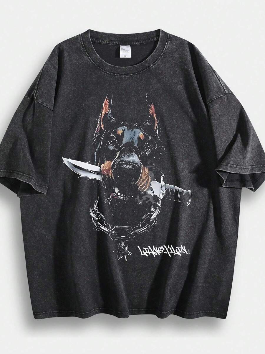 Vintage Oversized T-Shirt With Street Style Cartoon Doberman Print - 黑色 - 查看 1