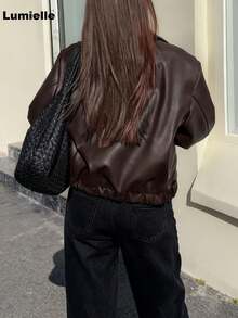 Viral Oversized Cropped Bomber Jacket | Y2K Streetwear Tredy Black Zip-Up Coat | It-Girl Aesthetic Fall Outerwear Jackets For Women Winter Clothes For Women Valentine Outfits For Women Gym Clothes Women - màu nâu - Xem 5