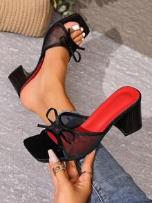 Black Open Toe Mesh Breathable High Heel Sandals, Versatile Minimalist Chunky Heel Sandals For Women, Summer - 黑紅 - 查看 2