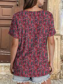 Women's Plus Size Ditsy Floral Ruched V-Neck Short Sleeve Casual Vacation T-Shirt Summer - Red Violet - View 4