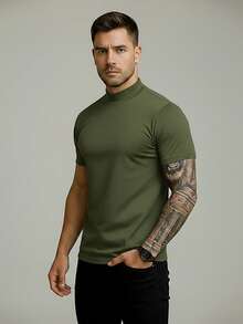 Men's Slim Fit Mid-Neck T-Shirt, Premium Cotton, Basic Casual Style - 軍綠色 - 查看 2