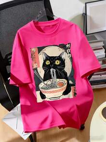 Teenage Girls' Cartoon Cat & Ramen Print Short Sleeve T-Shirt, Teenage Girls' Summer Round Neck Blouse - Hot Pink - View 2