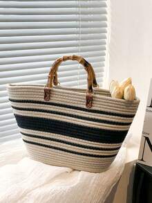 BAILEE A Casual, Stylish, Vacation-Themed Bamboo-Handled Woven Handbag. It Is Lightweight, Durable, And Has Ample Capacity. An Excellent Choice For Gifts. - Multicolor - View 15