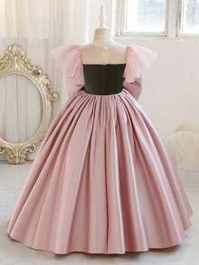 Teen Girl Elegant Ruffle Sleeve Handmade Beaded Black & Lotus Pink Satin Long Party Dress With 3D Bow Waist And Flared Skirt, Suitable For Wedding, Birthday, Party, Prom, Banquet, Flower Girl, Bridesmaid, Graduation - Dusty Pink - View 9
