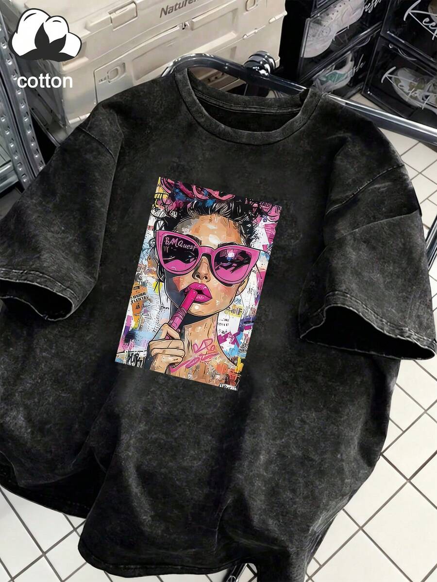 Áo thun nữ tay ngắn bằng vải cotton đã qua xử lý. Thiết kế đồ họa nghệ thuật Pop Art nổi bật, dáng rộng, phong cách retro. Phong cách đường phố Y2K. Một chiếc áo nữ phong cách Y2K thời trang và đa năng, phù hợp cho việc đi lại hàng ngày. Dáng áo đường phố thông thường, áo thun đồ họa punk thời trang dáng rộng độc đáo, áo tay ngắn có thể giặt máy. - màu đen - Xem 1