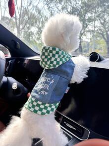 PETCIRCLE 1pc Pet Clothes, European & American Style, Suitable For Small Dogs & Puppies, Plaid Star Pattern Cute & Comfortable Outdoor Jacket - Green & White - Multicolor - View 3