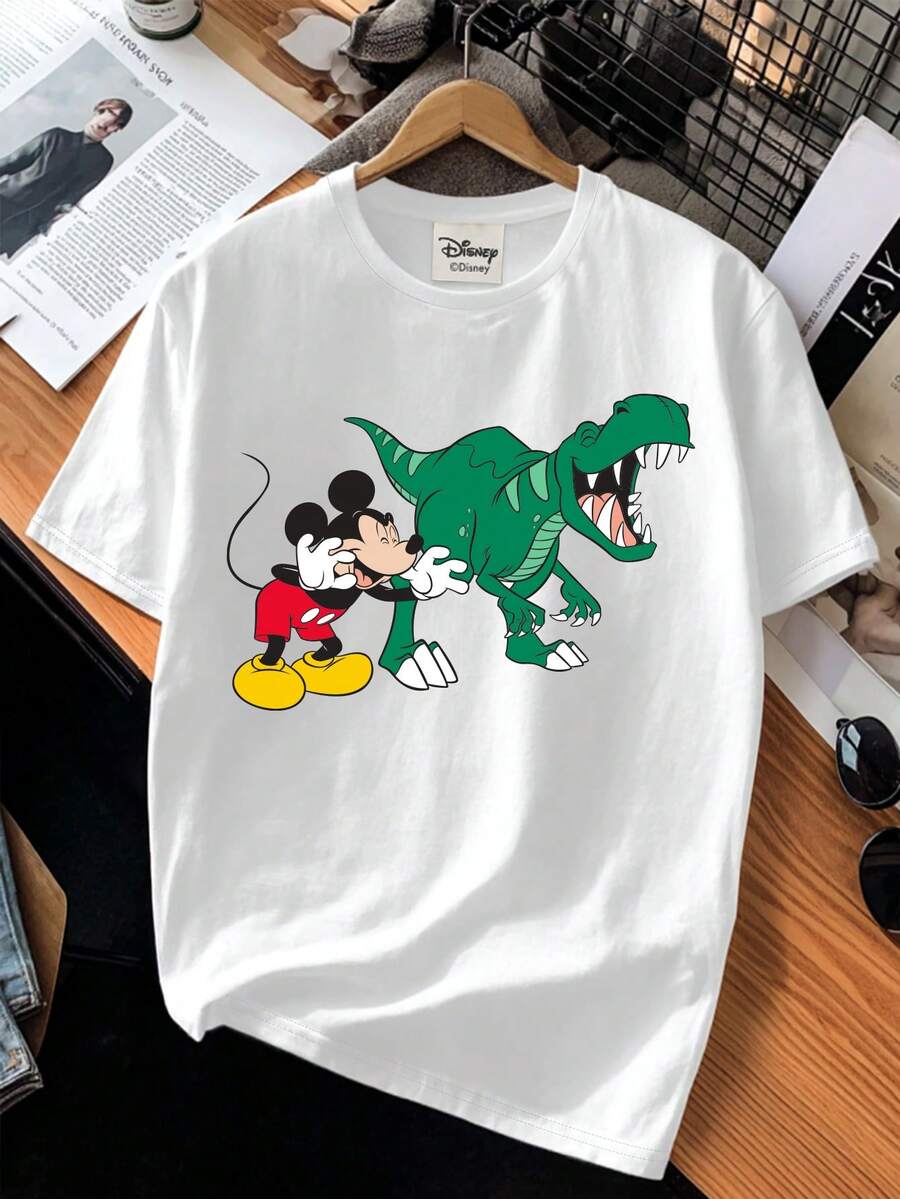 Disney Camiseta de estilo retro y urbano, impresa con gráficos de letras de Mickey Mouse, hecha de tela de alta calidad, camiseta de cuello redondo de manga corta para hombre - Blanco - Ver 1