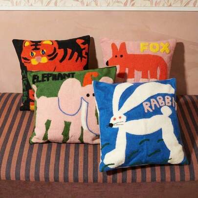 Joivida 1 件动物毛巾链刺绣枕套（不含枕芯），可爱兔子、大象、狐狸、老虎刺绣枕套适合所有季节，B&B 装饰，客厅用品，卧室用品，男士/男友礼物