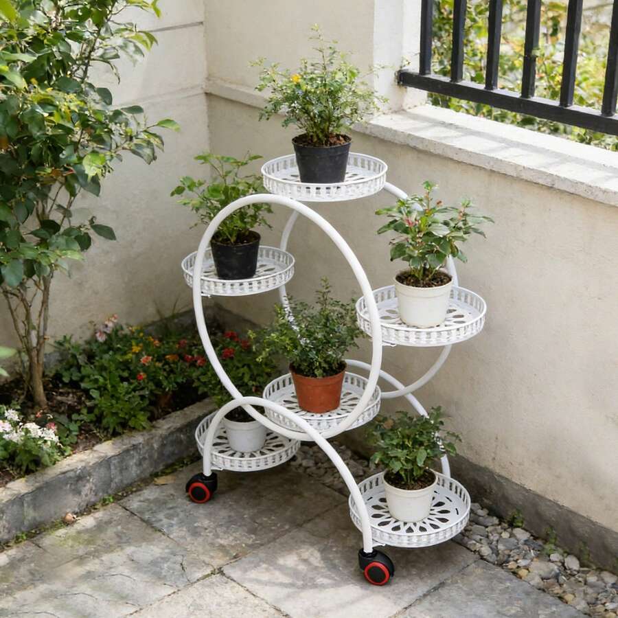 White Iron Potted Plant Stand 4 Tier 6 Tray 16.53lbs Load 4 Lockable Wheels Flower Pot Holder For Indoor Outdoor - 1 - View 1