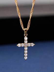 1 chiếc mặt dây chuyền hình thánh giá bằng đồng đính đá Cubic Zirconia sáng bóng, họa tiết sóng xoắn. - Vàng - Xem 7