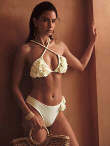 26SS Women's 2-Piece Elegant Rose Decor Criss-Cross Tie Bikini Set, Women's Summer Holiday Split Bikini Swimwear Set, Suitable For Beach, Pool, Party, Holiday Gift - White - View 8