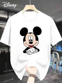 Disney Mickey Pattern Printed Men's Casual T-Shirt, Summer Sports Casual Wild Short Sleeve, Disney Element Round Neck Short Sleeve T-Shirt, Suitable For Casual Wear And Daily Activities. - 白色 - 查看 1