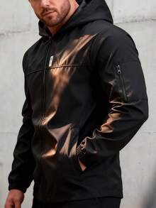 1pc Casual Sports Hooded Jacket, Zipper Closure, Regular Fit, Suitable For Hiking, Running, Outdoor Activities, Father''s Day - Black - View 4