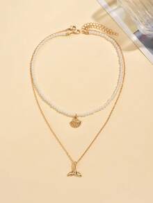 2件套夏季优雅仿珍珠串珠项链，时尚海洋风金色金属贝壳和鱼尾吊坠首饰套装，适合日常佩戴、海滩、旅行、约会、拍照等场合 - 彩色 - 查看 2