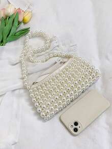 Oaoleer 1pc Women's Pearl Purse White Pearl Handbag Hobo Bag For Evening Handbag Shoulder Bag Wedding Party Bridal Clutch Purse - 彩色 - 查看 5