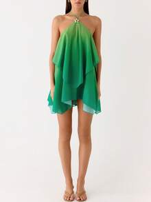 Women Ruffle Halter Neck Mini Dress Sheer Mesh Layered Open Back Dress Y2K Tiered Tie Back Going Out Dresses - Green - View 6