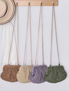 Sac bandoulière tressé d'été pour femmes avec chaîne à gland, sac de plage tressé en paille, portefeuille fait main, 1 pièce de sac pochette tressé beige clair, sac de plage, idéal pour les vacances d'été, un choix à la mode pour les femmes - Vert - Voir 6