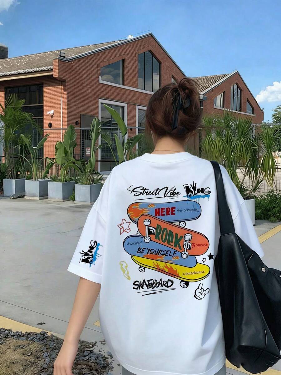 女士宽松圆领短袖字母滑板印花T恤，春夏款 - 白色 - 查看 1