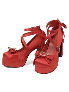 Fashion Mary Jane Shoes For Women Elegant High Chunky Heel Pumps With Cross Strap, Big Bow, And Heart Buckle Lace-Up For Wedding, Party, And Cute Occasions - Đỏ - Xem 2