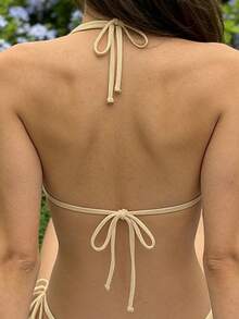 2026新款海军蓝蝴蝶结设计可爱甜美露背挂脖比基尼两件套泳衣，女士度假海滩夏季泳装 - 藍色 - 查看 5