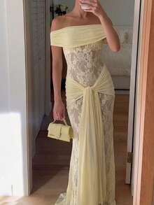 Sedessea Women's Solid Color Lace Patchwork Tie-Up Sexy Elegant Vacation Dress Summer - Apricot - View 3