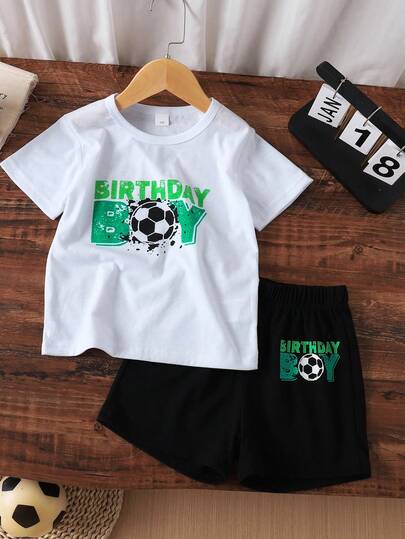 2pcs/Set Toddler Boys' Football & Letter Print Round Neck T-Shirt And Shorts Set, Casual For Summer Vacation & School, 4-7Y