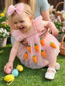 Baby Girls Easter Outfits Carrot Star Pattern Flying Sleeve Mesh Romper Dress with Bow Headband 2 Pcs Set - Rosa - Ver 3