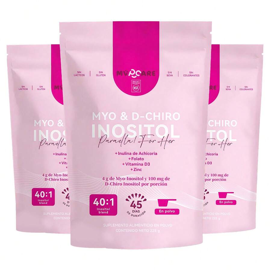 Inositol y D-colina en polvo | Proporción áurea 40:1 | Suministro para 135 días | MVPCARE con ácido fólico + vitamina D3 + zinc, suplemento dietético especializado para mujeres en polvo | Regula el equilibrio hormonal femenino, favorece la salud ovárica. - Tres bolsas - Ver 1