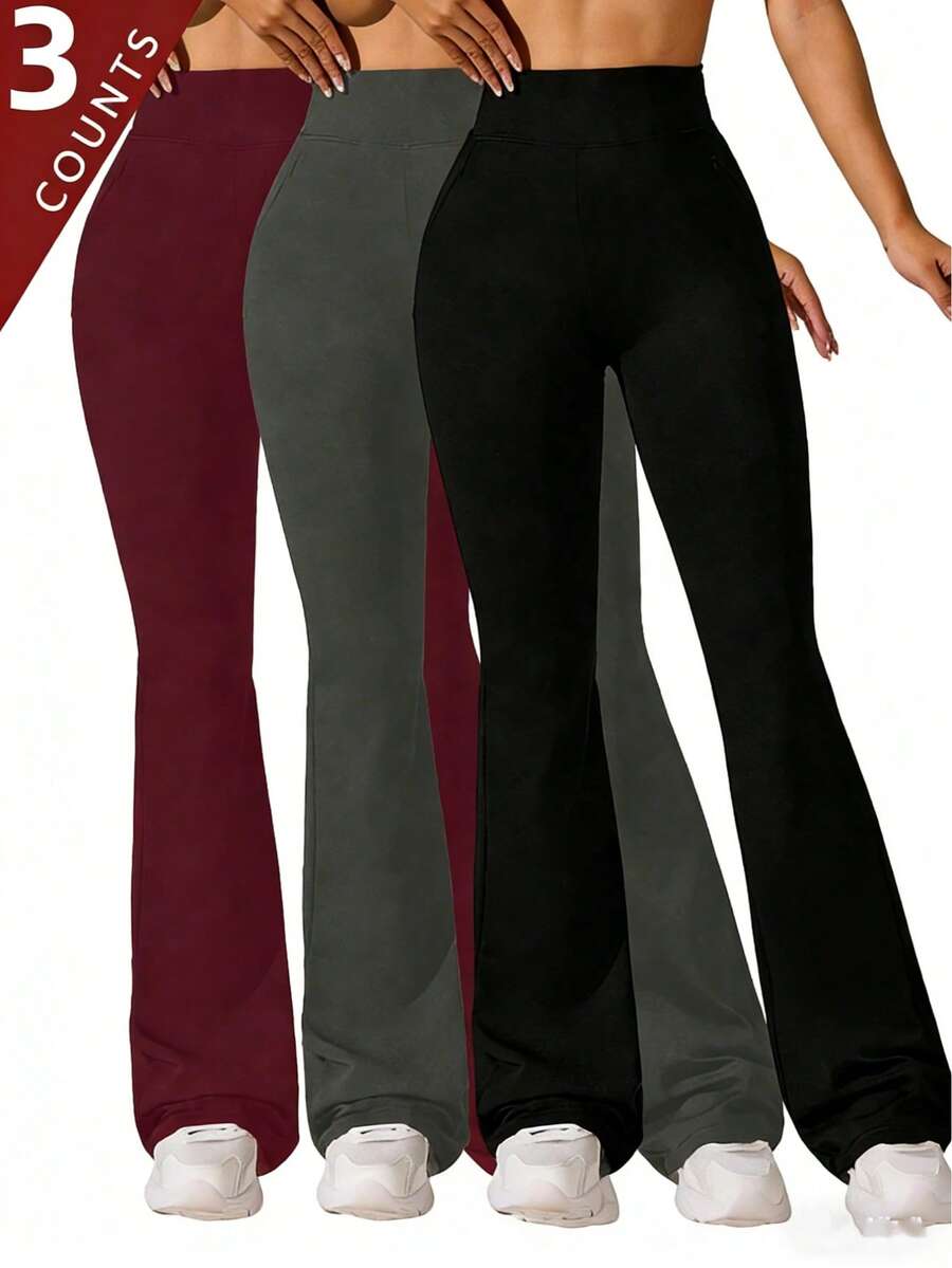 3 Pcs Women's Wide-Leg Pants, Thin Flexed Flared Pants, Outdoor Sportswear, Fitness And Yoga, Home Casual Flared Pants,High-Waist Tummy Control Leggings,Curvy Enhancement Fitness Pants - Black + Gray + Red - View 1