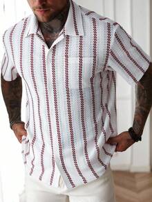 Men's Striped Short Sleeve Single-Breasted Pocket Textured Casual Shirt - Red and White - View 6