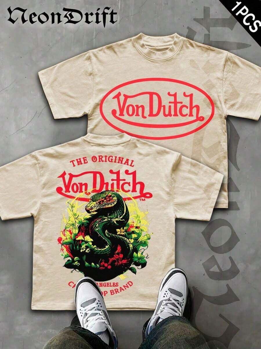 Summer Tops2026NeonDrift Double-Sided Printing Men's T-Shirt Men's Short-Sleeve T-Shirt100% Cotton Fabric Soft & Skin-Friendly Unisex Style Gifts For Spring Festival, Valentine's Day, St. Patrick's Day & World Cup-Van Dutch Dragon Print Men T Shirt Classic Americana Style Graphic Tee Streetwear Fashion Casual Wear For Car Enthusiasts And Vintage Culture Loverssummer Clothes - Màu cát - Xem 1