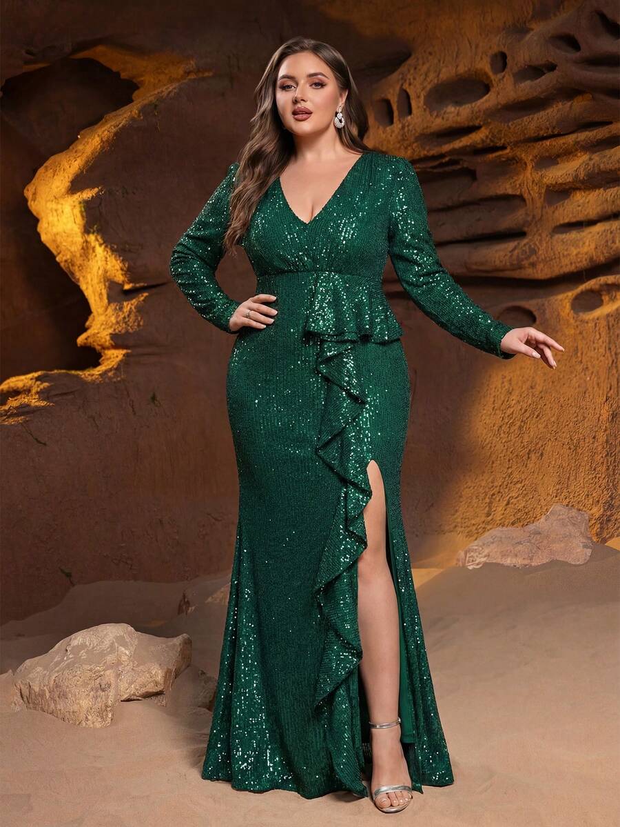 Faeriesty 大码迷人V领露背晚礼服 - 惊艳的正式礼服，优雅的后背系带和修身剪裁，完美展现您的曼妙身姿，是正式晚宴、新年庆祝活动、豪华婚礼招待会、节日派对和盛大晚会的理想之选。 - 墨綠色 - 查看 1