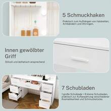 Large Vanity Table With Adjustable LED Lighting And Power Outlets, Vanity Table With Mirror, 7 Drawers, 4 Open Shelves And 5 Jewelry Hooks For The Bedroom, White - 查看 6