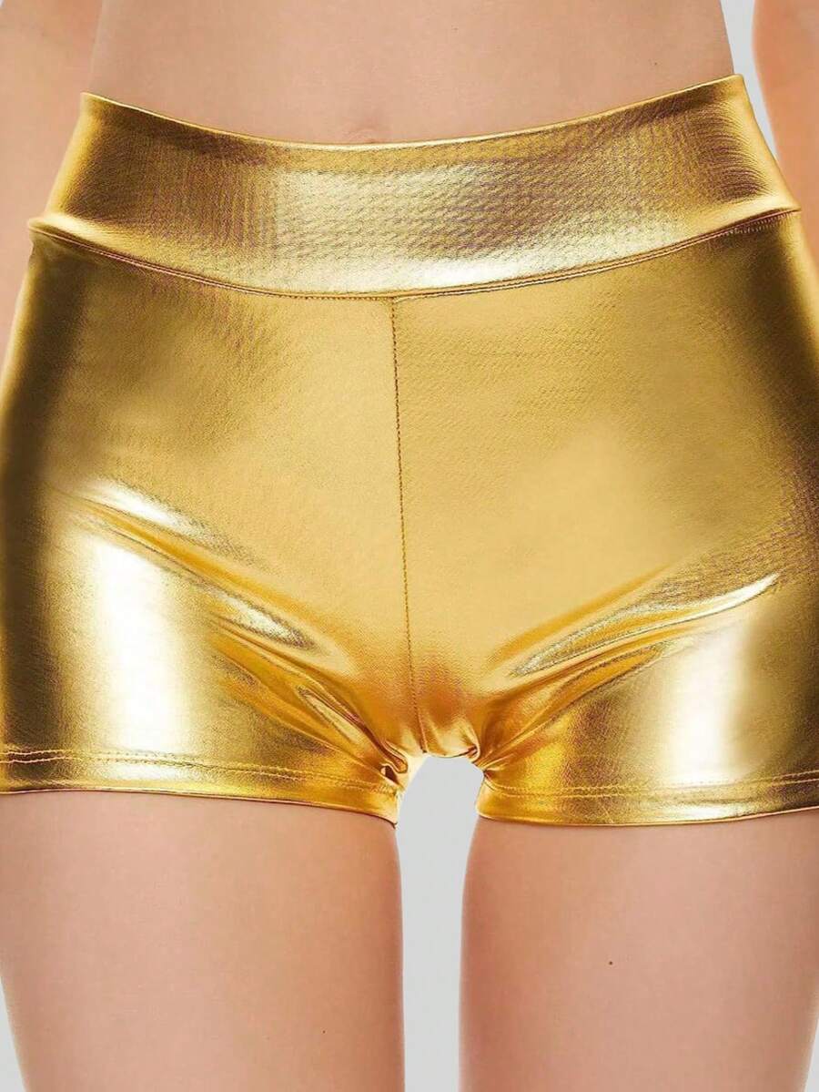 Women's High Waist Tight Fit Fashionable Versatile Gold Shorts - Gold - View 1