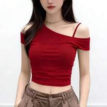 性感别致红色露肩无袖T恤，独特时尚修身女式上衣，夏季休闲款 - 紅色 - 查看 15