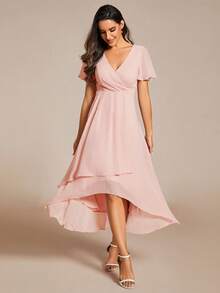 EVERPRETTY Đầm phù dâu màu hồng thanh lịch bằng vải chiffon, cổ chữ V, xếp ly phía trước, vạt váy bồng bềnh, thích hợp cho lễ cưới và các dịp dạ hội trang trọng. - Màu Hồng baby - Xem 7