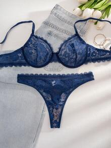 1套女士纯色蕾丝荷叶边钢圈舒适文胸套装 - 寶藍色 - 查看 4