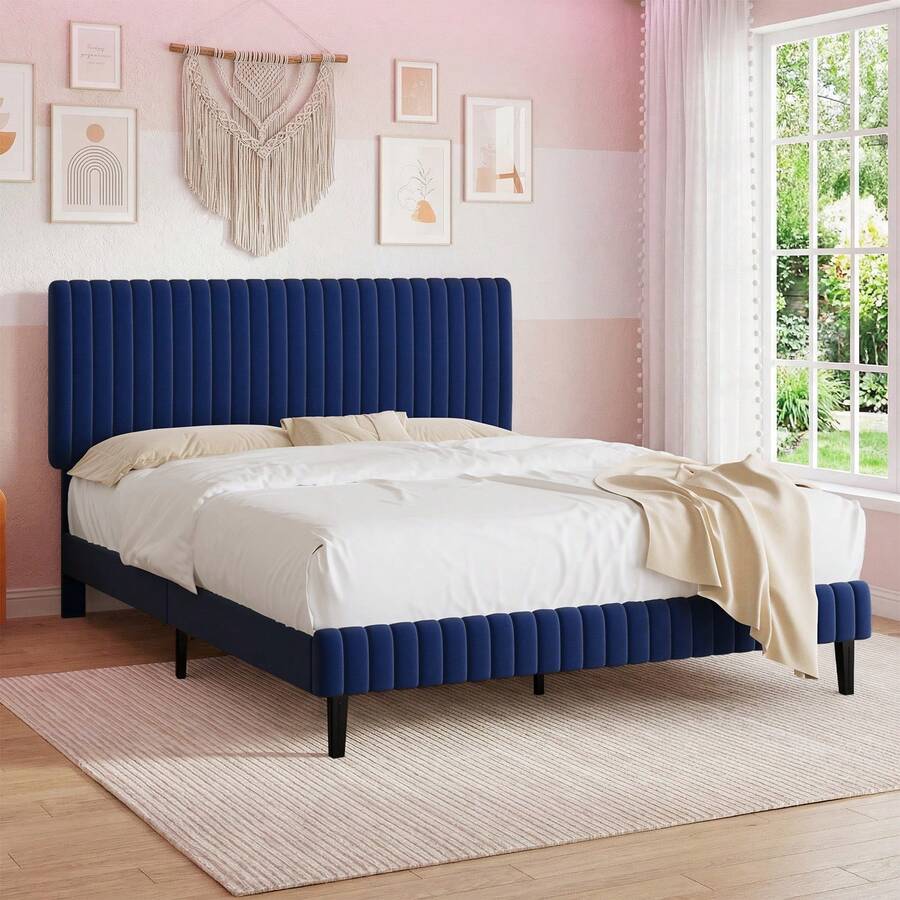 Twin/ Full/ Queen/ King Upholstered Size Bed Frame, Adjustable Velvet Headboard, Modern Bed Frame With Horizontal Channel Design, Strong Wooden Slats Support, No Box Spring Needed, Noise-Free, Easy Assembly, Twin Bed Frame Room Decor Home Decor Christmas Decor Bedroom Decor Valentine Day Decor Storage Living Room Decor Furniture House Decor, Pink/ Green/ Black/ Blue/ White - 藍色 - 查看 1