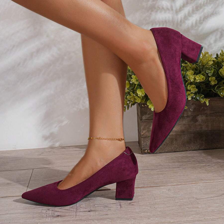 1 Pair  Plain  Workwear Style  Microfiber Leather  Plain / Plain Toe    Women Mid-Heeled Pump Shoes  Party  Office  Wedding  School  Holiday  Vacation  Outdoor  Home  All Seansons  Wide Width  All Day Wear  Cushioned Latex Insole - 酒紅色 - 查看 1