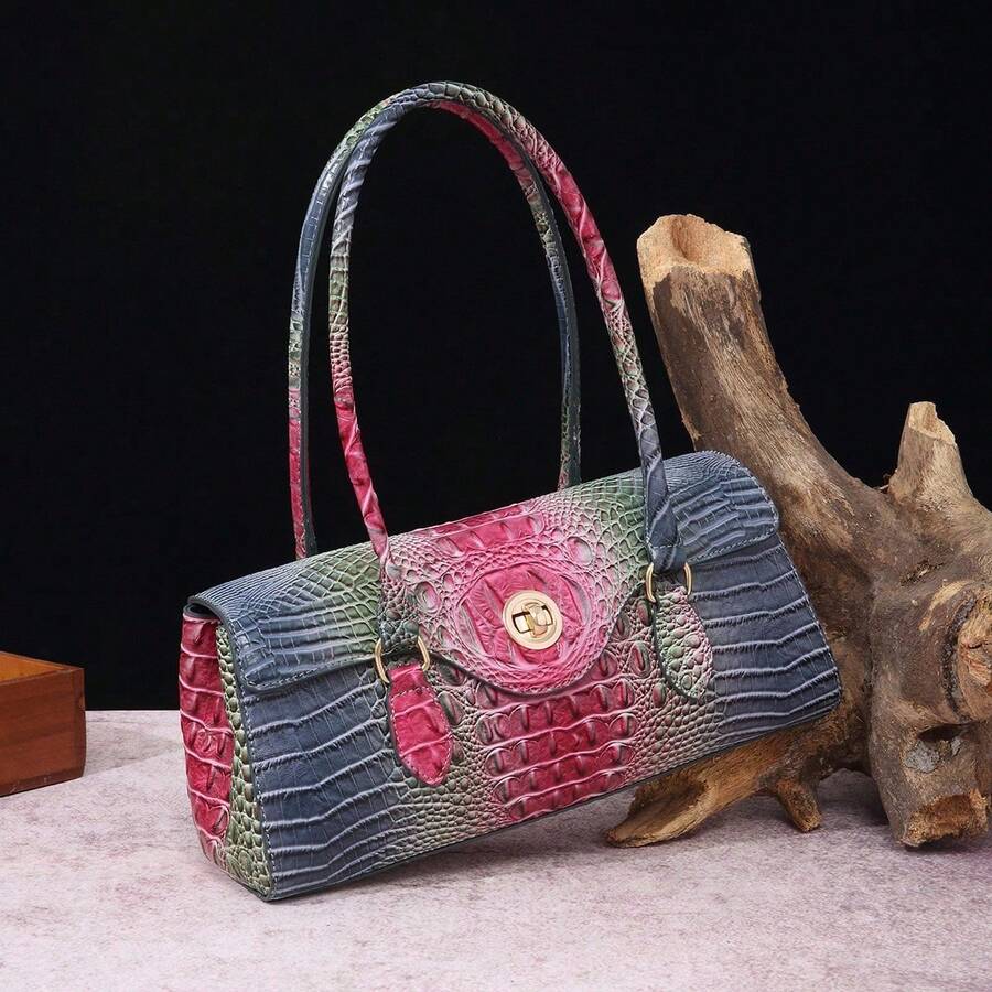 Bolso de Mano Retro Tipo Baguette (Bajo el Brazo) para Mujer - Diseño de Textura de Cocodrilo Boho Chic - Morado - Ver 1
