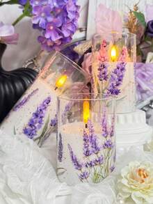 3pcs Flameless Wax Candle Lights With Timer And Remote Control, Battery Powered, , Lavender Floral Print Design, Centerpiece Decor For Wedding, Romantic Proposal, Valentine's Day, Halloween, Christmas, Mother's Day, Birthday Party, Holiday Dinner Table - Lavender - View 8