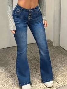 E-Girl Multi-Button Flare Jeans High Waist Stretchy Slim Hip-Lifting Daily Commute Pants - 深色水洗藍 - 查看 3