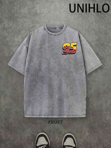 Disney UNIHLO Lightning Mcqueen Printed Summer Heavyweight Retro Washed Street Fashion Casual T-Shirt - Xám - Xem 2