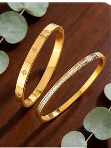 VceTd 1/2PCS Fashion Minimalist Style Stainless Steel Women's Bracelet With Glass Decor Tennis Chain Design, Suitable For Daily Wear Or Commuting - Yellow Gold - View 6
